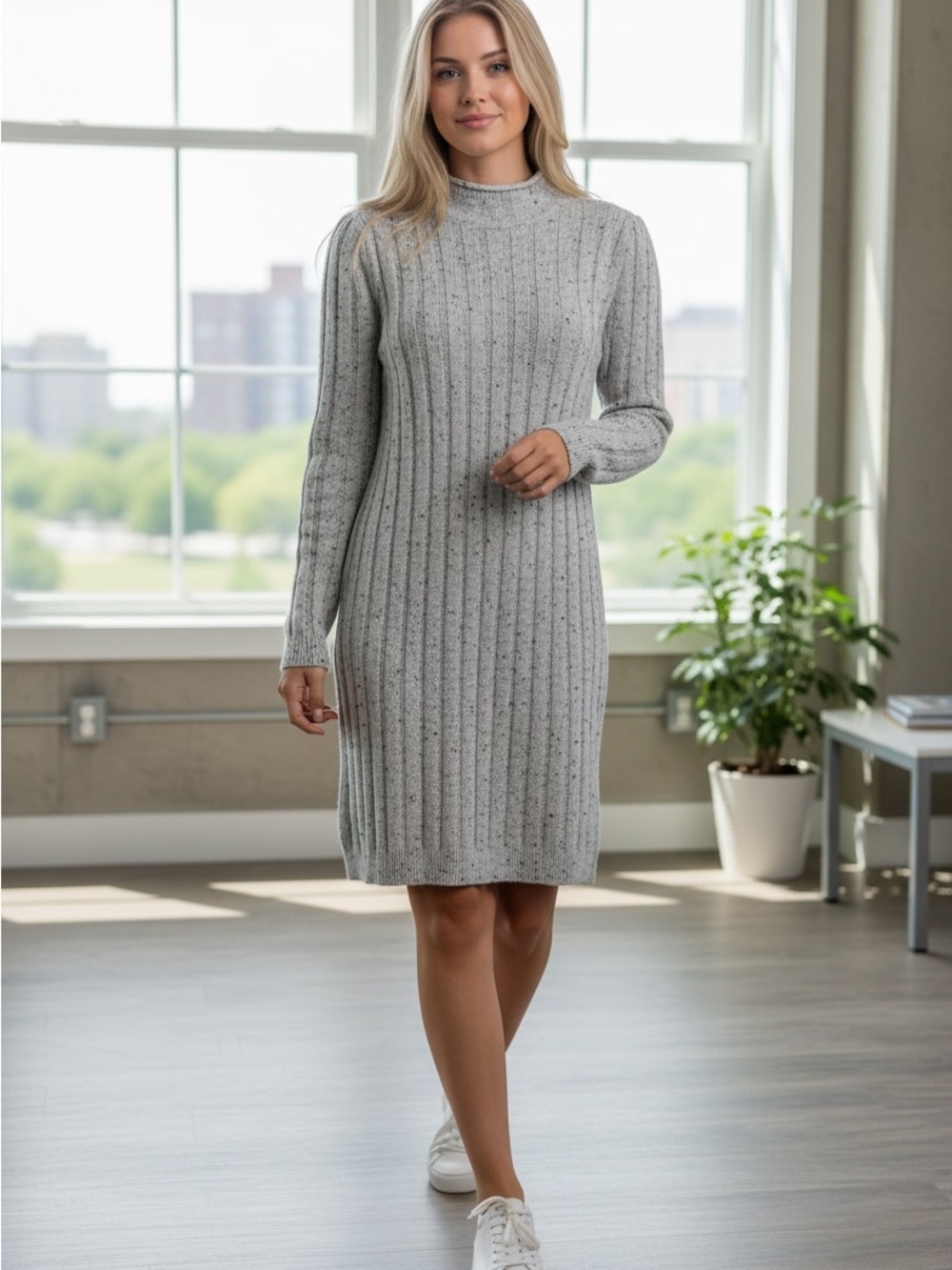 Madewell Gray Speckled Rib-Knit Long Sleeve Dress